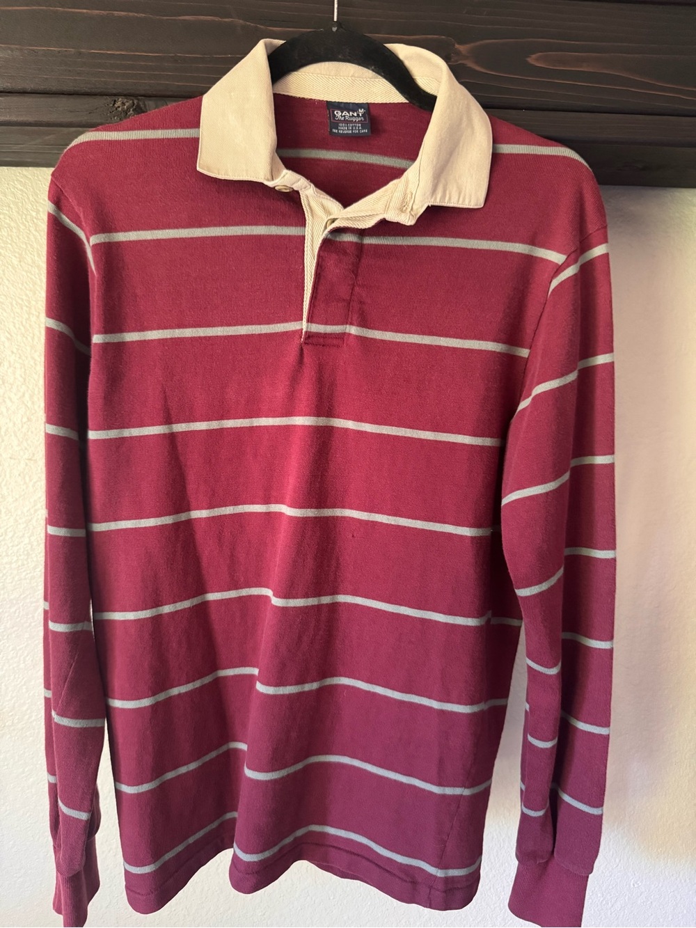 Vintage Gant Burgundy Striped Rugby Polo with Cream Collar